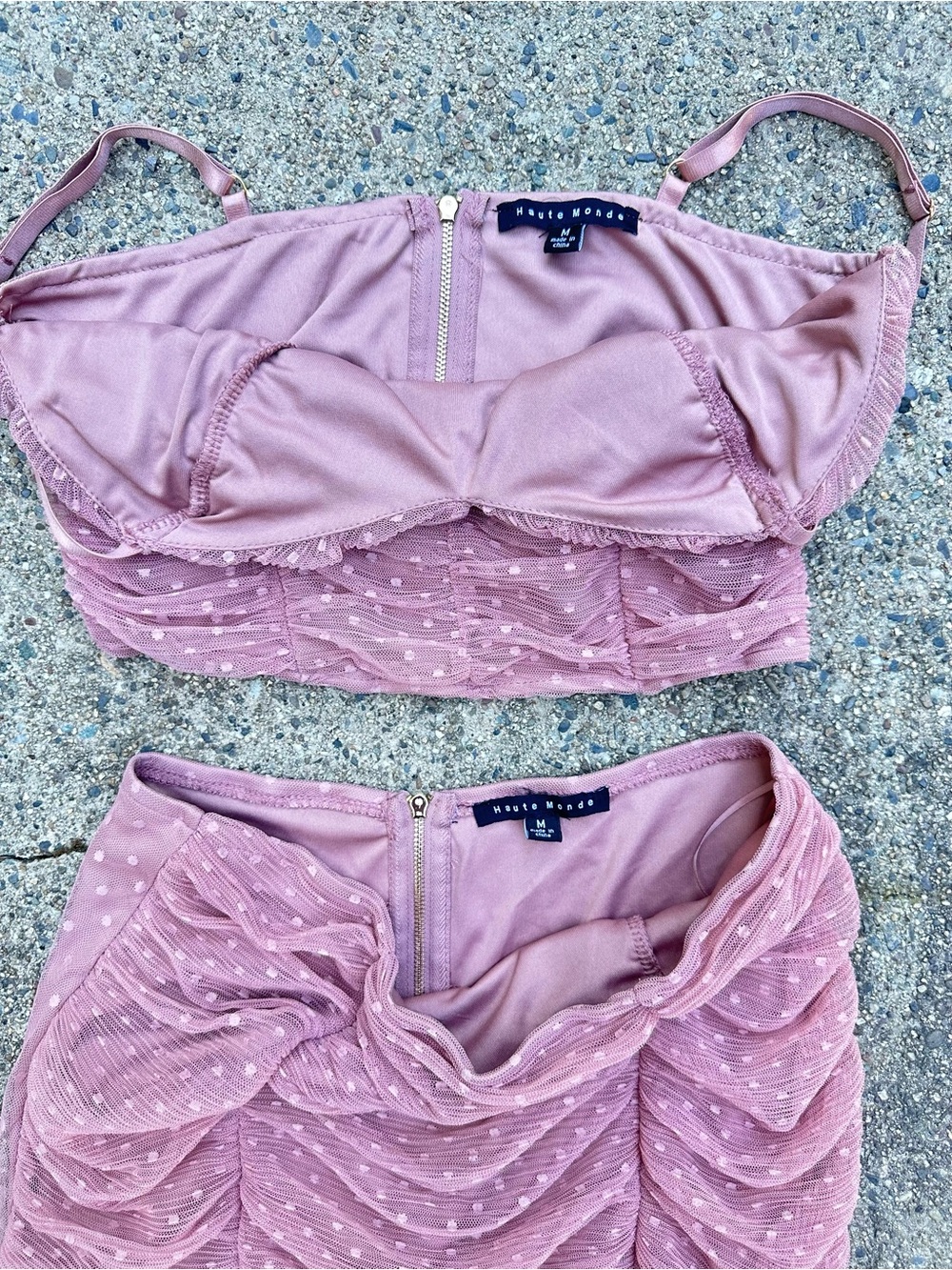 Pink Ruched Polka Dot Two-Piece Crop Top & Skirt Set Medium - Picture 3 of 13